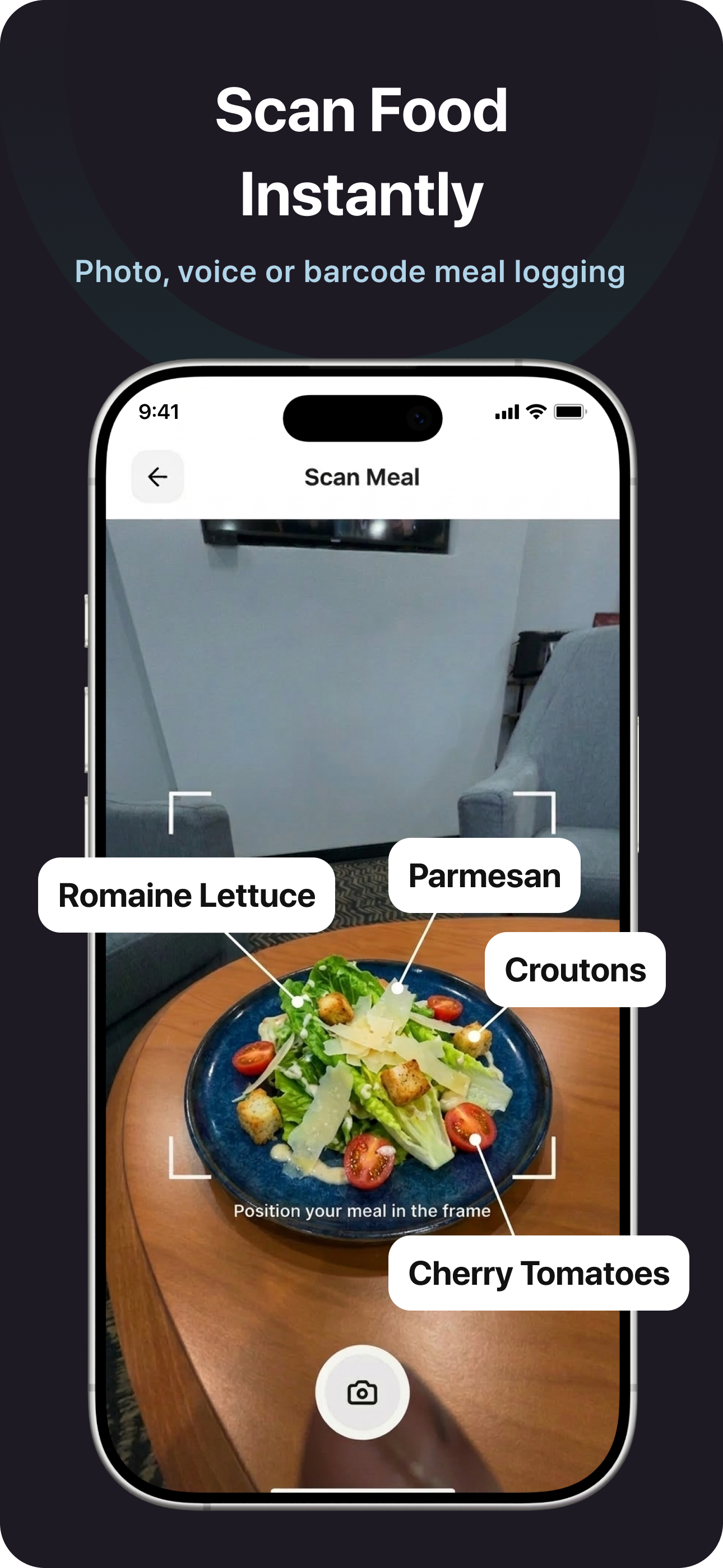 AI food scanner identifying ingredients — romaine lettuce, parmesan, croutons, cherry tomatoes with calorie breakdown